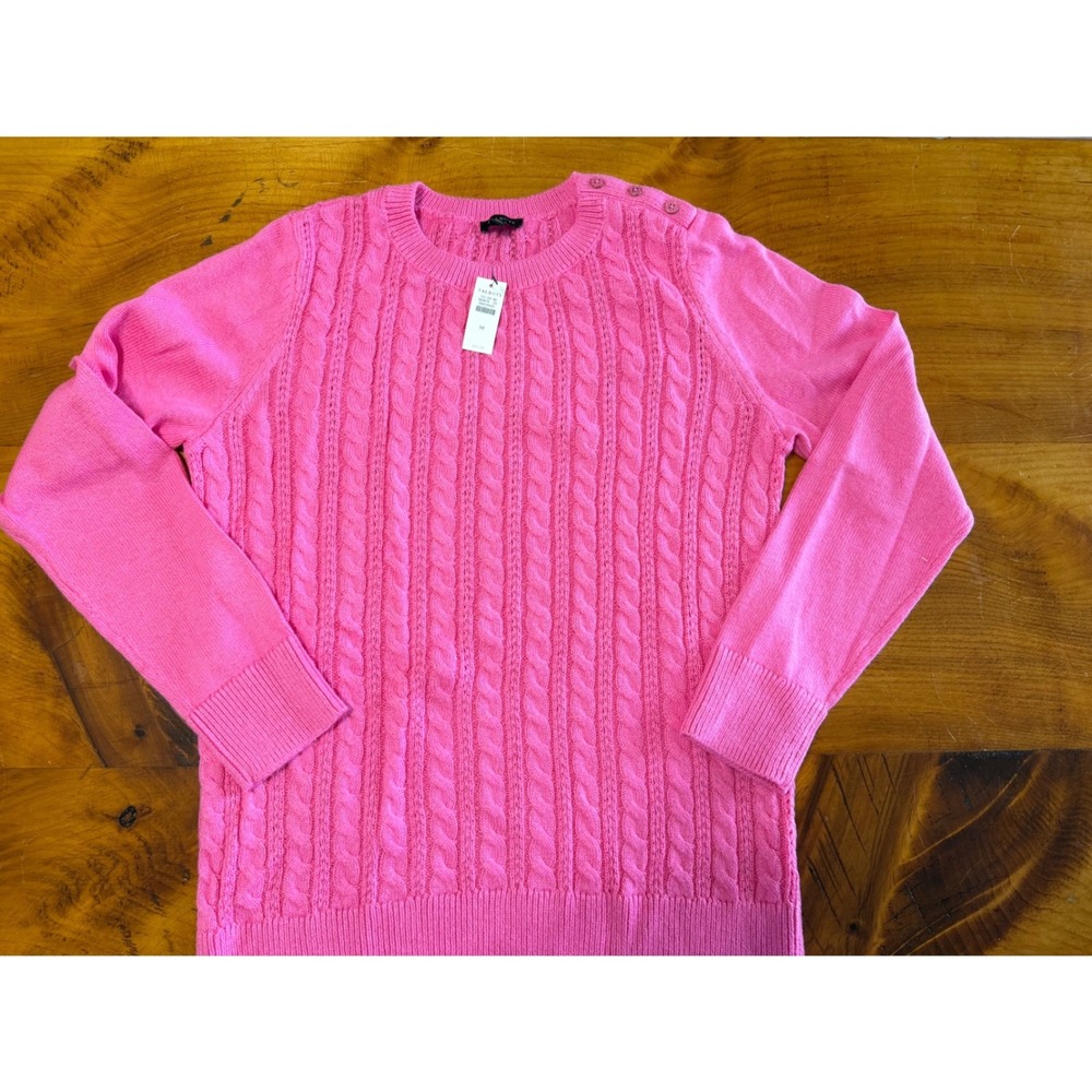 NWT Talbots Women's M Pink Cable Knit Sweater Crewneck Button Shoulder $89.50